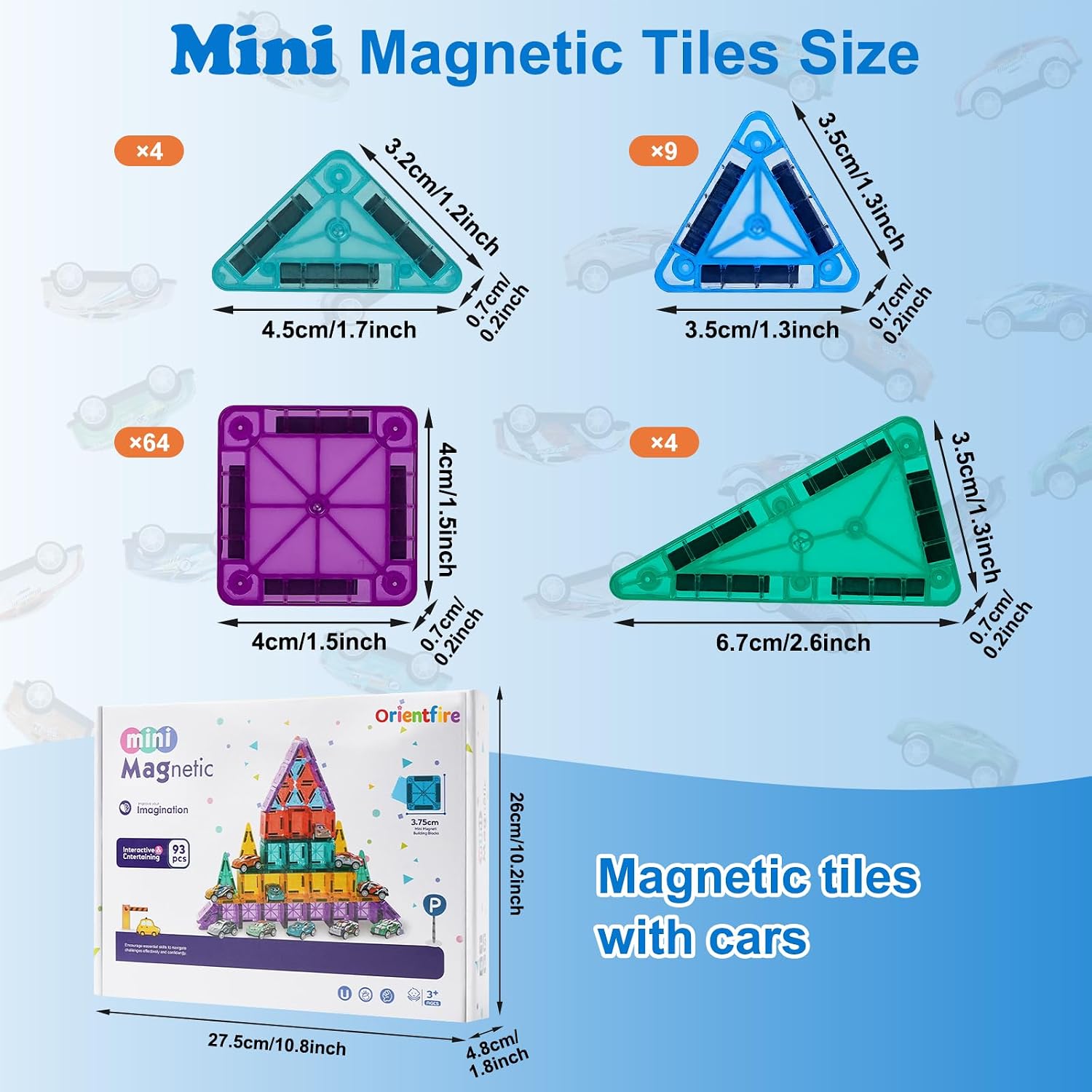93 PCS Magnetic Tiles Mini Magnetic Building Tiles with Cars, Travel Magnetic Tiles with Storage Bag,STEM Toys for School Acitivities, Ideal Christmas Birthday Gifts for Boys Girls Age 3+ Years Old - Image 9