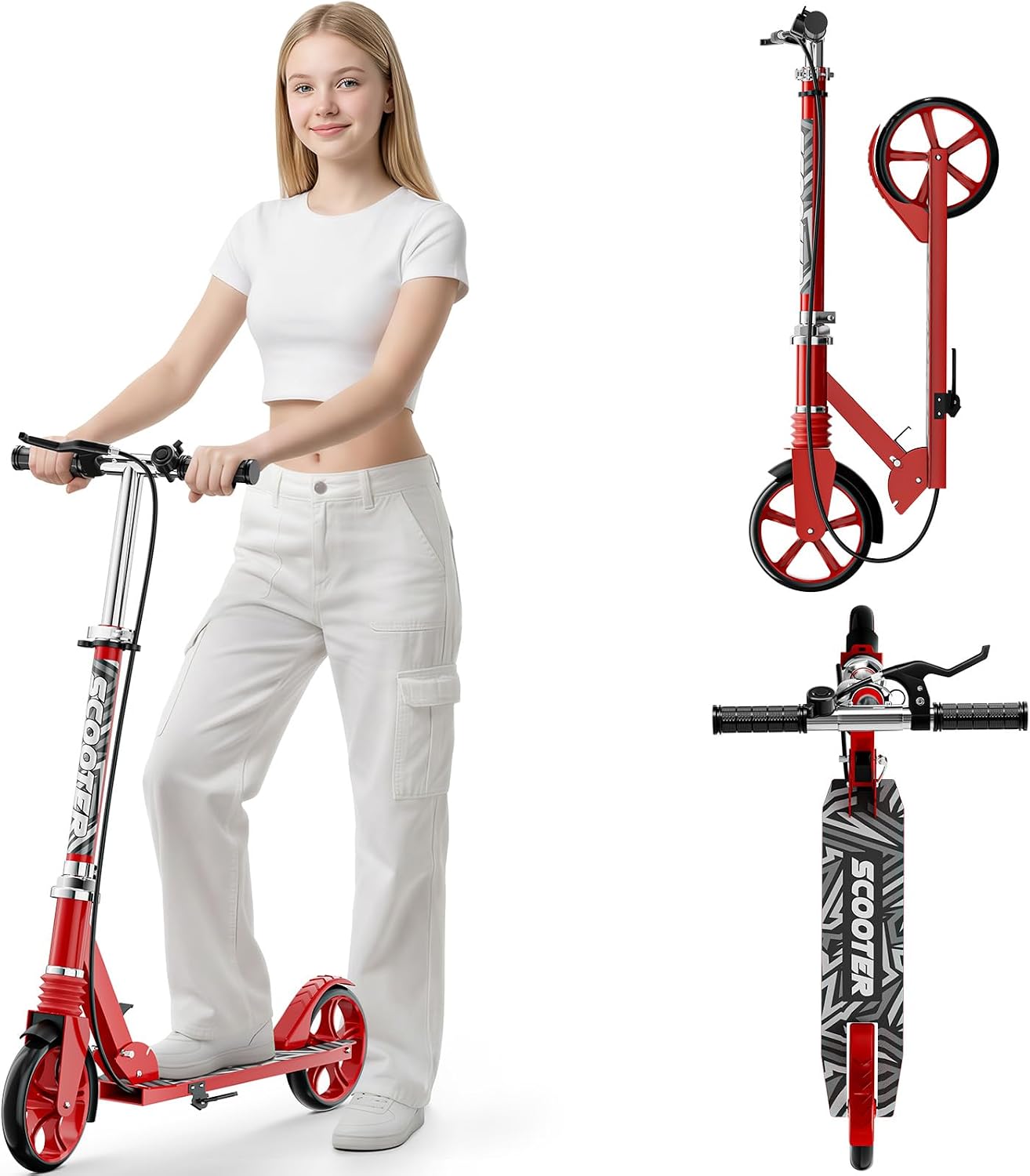 Scooters for Kids 8-12, Teens & Adults - Load 240 LBS, 8-Inch Wheels, Kick Scooter with Shock Absorption System, Hand Brake & Bell, 4 Adjustable Height Levels, Perfect for School, Commuting or Park