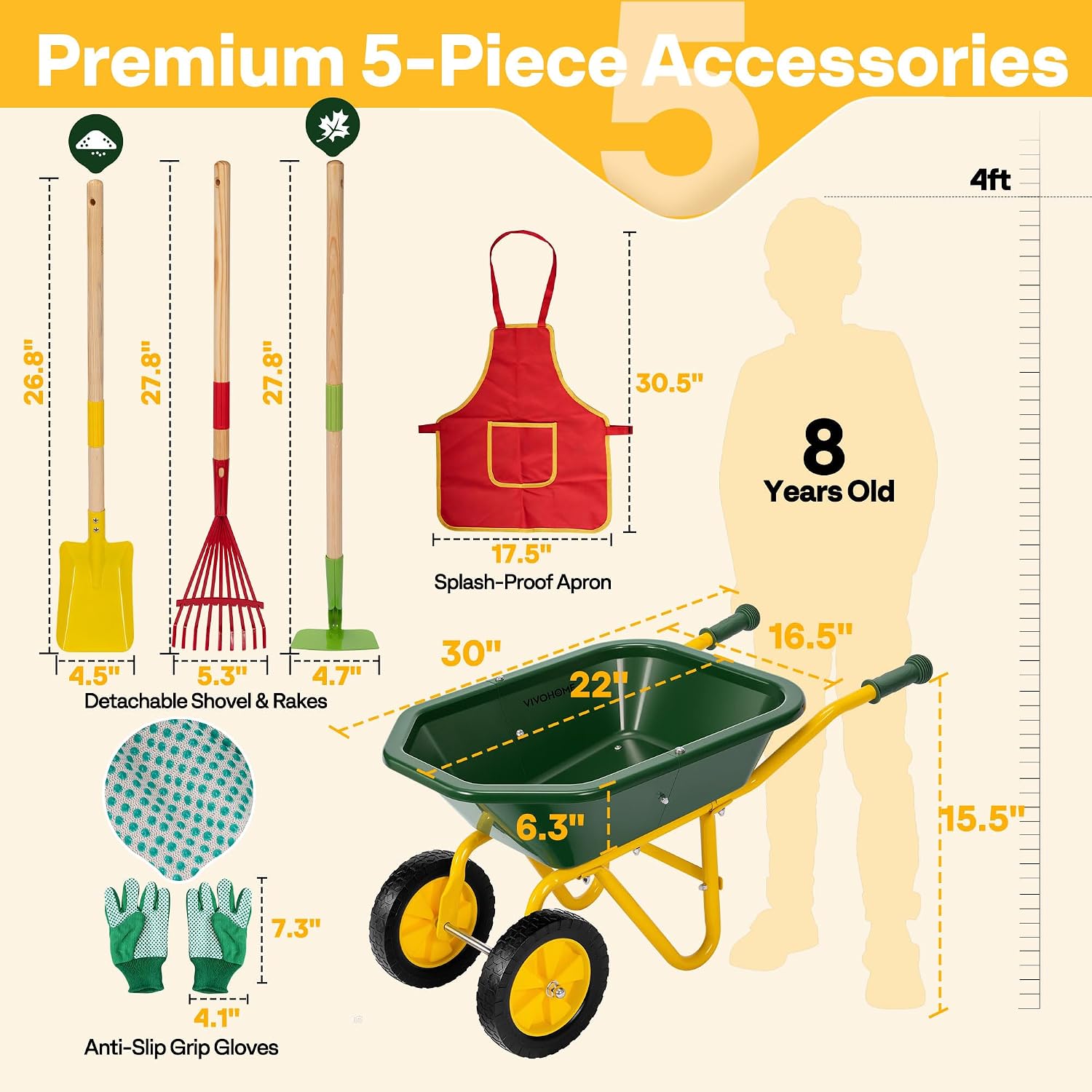 VIVOHOME 30" Kids Wheelbarrow Set 6 PCS Children Garden Cart | With Metal Gardening Tools, Apron & Gloves for Fun, Educational Backyard Play - Image 4