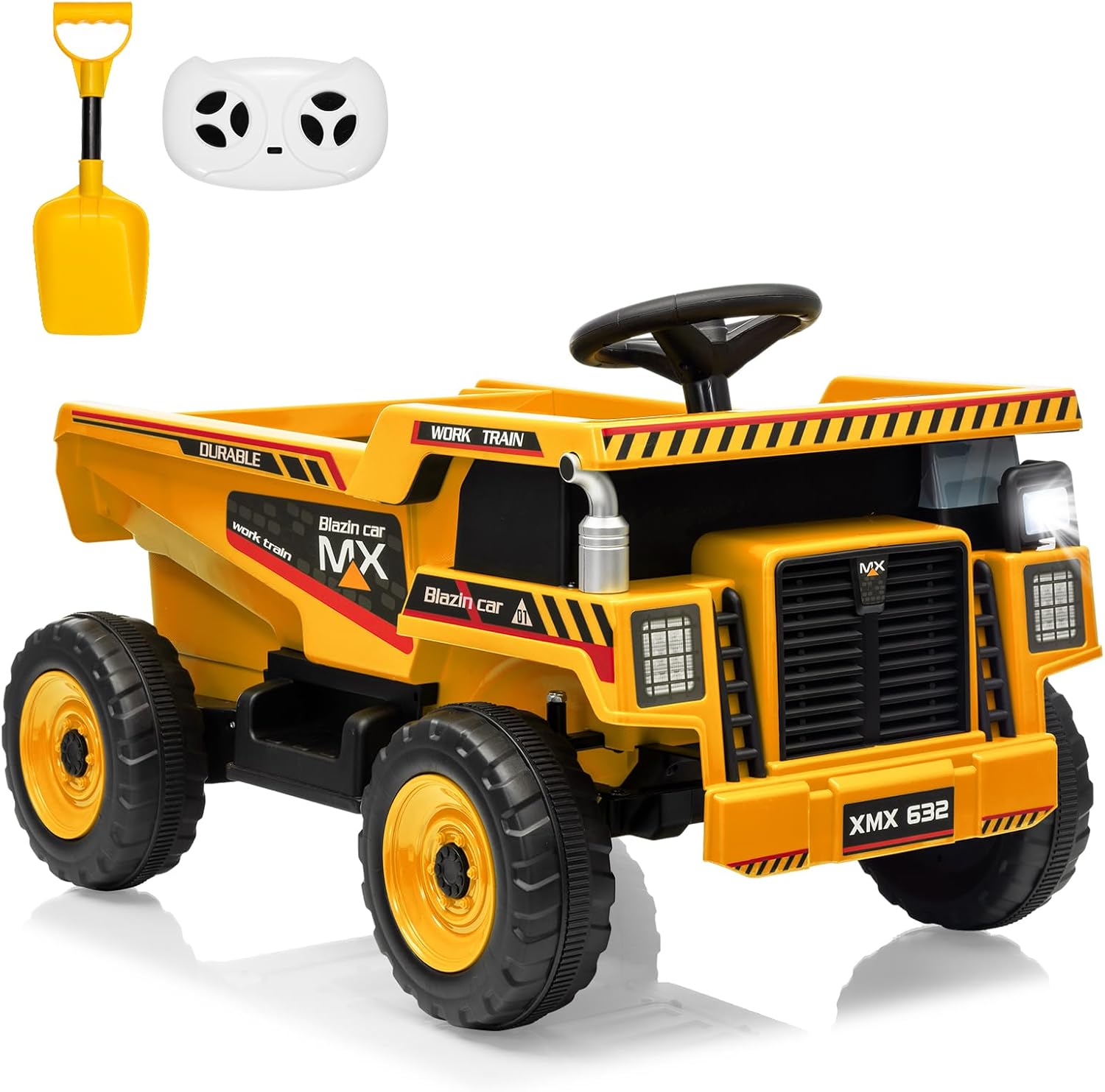 12V Ride On Dump Truck for Kids Electric Ride On Car Toy Toddlers 4 Wheeler Construction Vehicles with Remote Control, Dump Bed, Shovel, LED Lights, Music, for Kids 3-8, Yellow