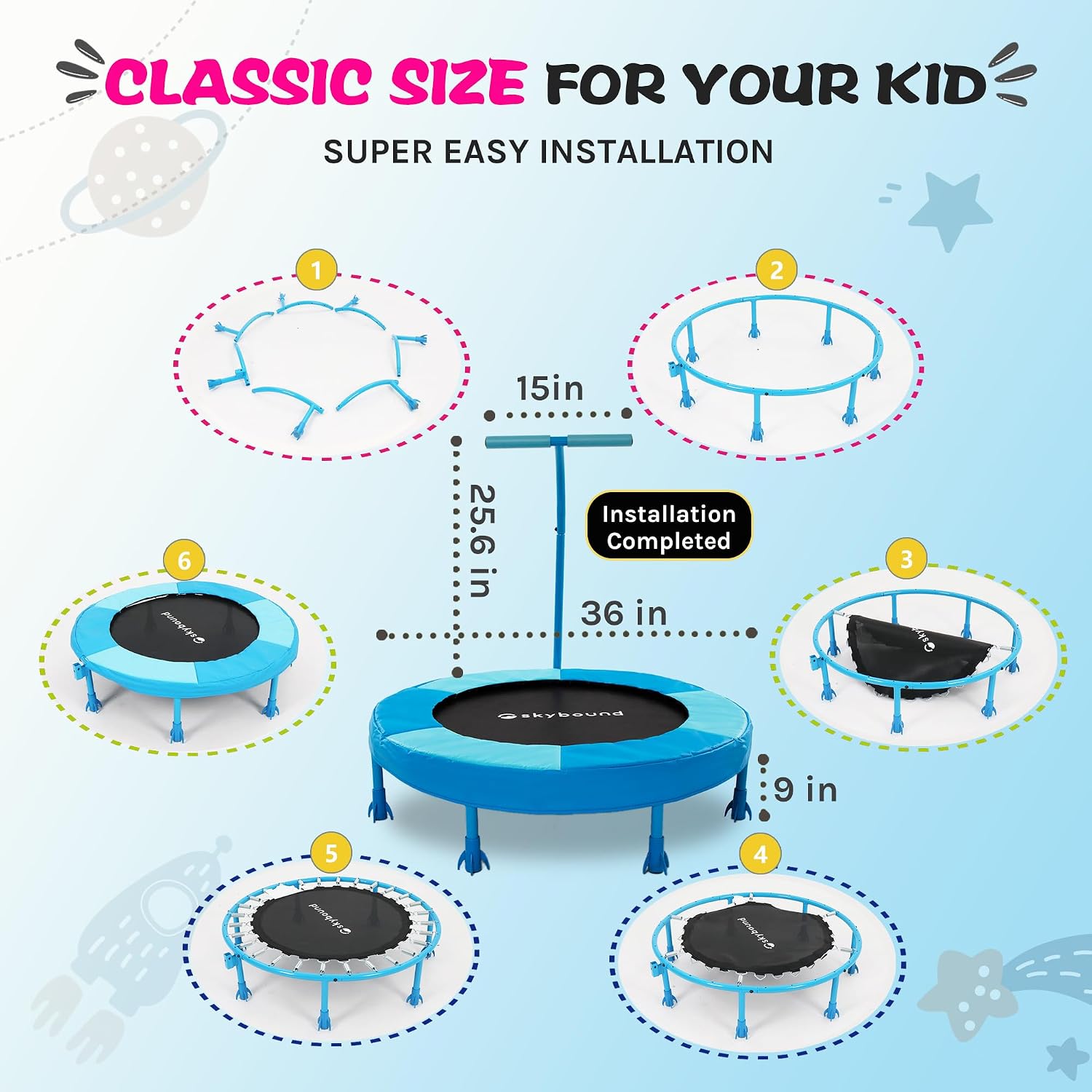 SkyBound 36 Inch Indoor Trampoline for Kids - Kids Trampoline Indoor with Handle - Toddler Trampoline with Upgraded 2.0mm Steel Pipe and Handlebar - Mini Indoor Trampoline for Kids Age 3 and Above - Image 6