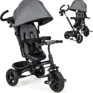 BABY JOY Tricycle, 6 in 1 Trike for Toddler w/Reversible Seat, Adjustable Canopy & Parent Handle, 5-Point Safety Belt, PU Wheels and Storage Basket, Push Tricycle for 9-60 Months (Gray)