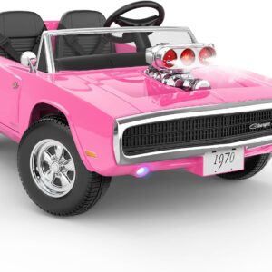 First Ride On 2 Seater Ride on Car for Kids, Licensed 1970 Dodge Charger R/T Kids Electric Vehicles w/Iconic Hood-Mounted Supercharger, 24V Ride on Toys w/Remote Control, LED Lights, Bluetooth (Pink)