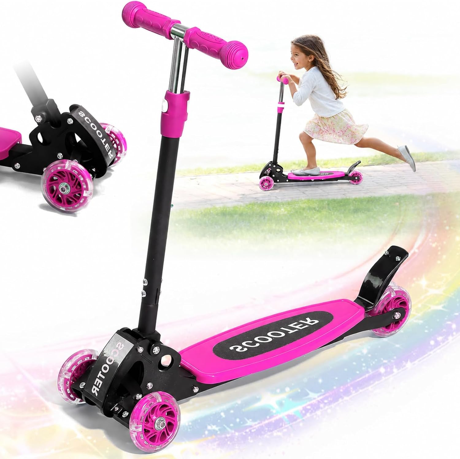 3 Wheel Kids Kick Scooter for Ages 3-12, Lean-to-Steer, Light-Up Wheels, 3-Level Adjustable Handlebar 27.5”-33”, Wide Non-Slip Deck, Dual Rear Brake,Travel Foldable, for Boys & Girls Toy Gifts