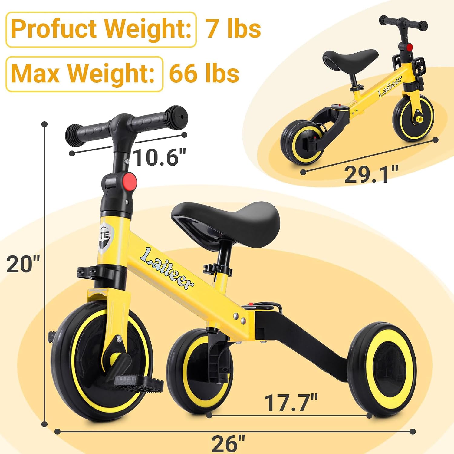 3-in-1 Toddler Tricycle for Ages 2-5, Kids Balance Bike with Removable Pedals & Adjustable Seat, 3-Wheel Ride On Toy, Lightweight Training Trike for Boys Girls, Indoor Outdoor Baby Bicycle - Image 2
