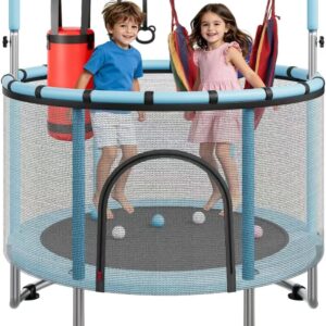 55/60″ Trampoline for Kids, 4.5/5 FT Toddler Trampoline with Enclosur Net, Basketball Hoop & Sandbag, 440 LBS Capacity, Adjustable Height，Gifts for Ages 3-12 Boys & Girls