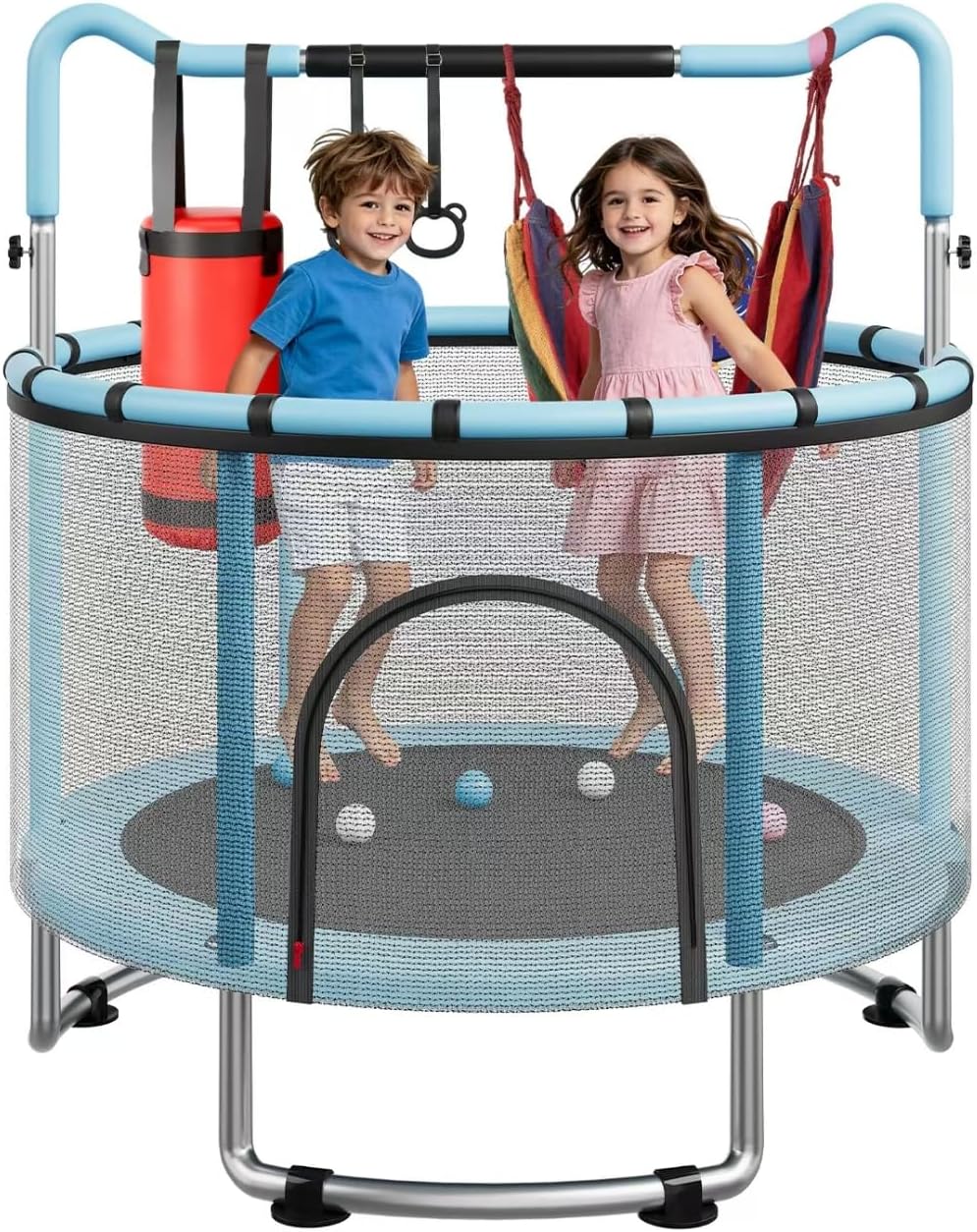 55/60" Trampoline for Kids, 4.5/5 FT Toddler Trampoline with Enclosur Net, Basketball Hoop & Sandbag, 440 LBS Capacity, Adjustable Height,Gifts for Ages 3-12 Boys & Girls