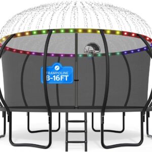 DeepRoar 2026 Upgraded 8/10/12/14/15/16FT Pumpkin Tranpoline for Kids, Heavy Duty 1500LBS Outdoor Tranpoline Set with Basketball Hoop, Light & Sprinkler, Recreational Trampolings, ASTM Approved