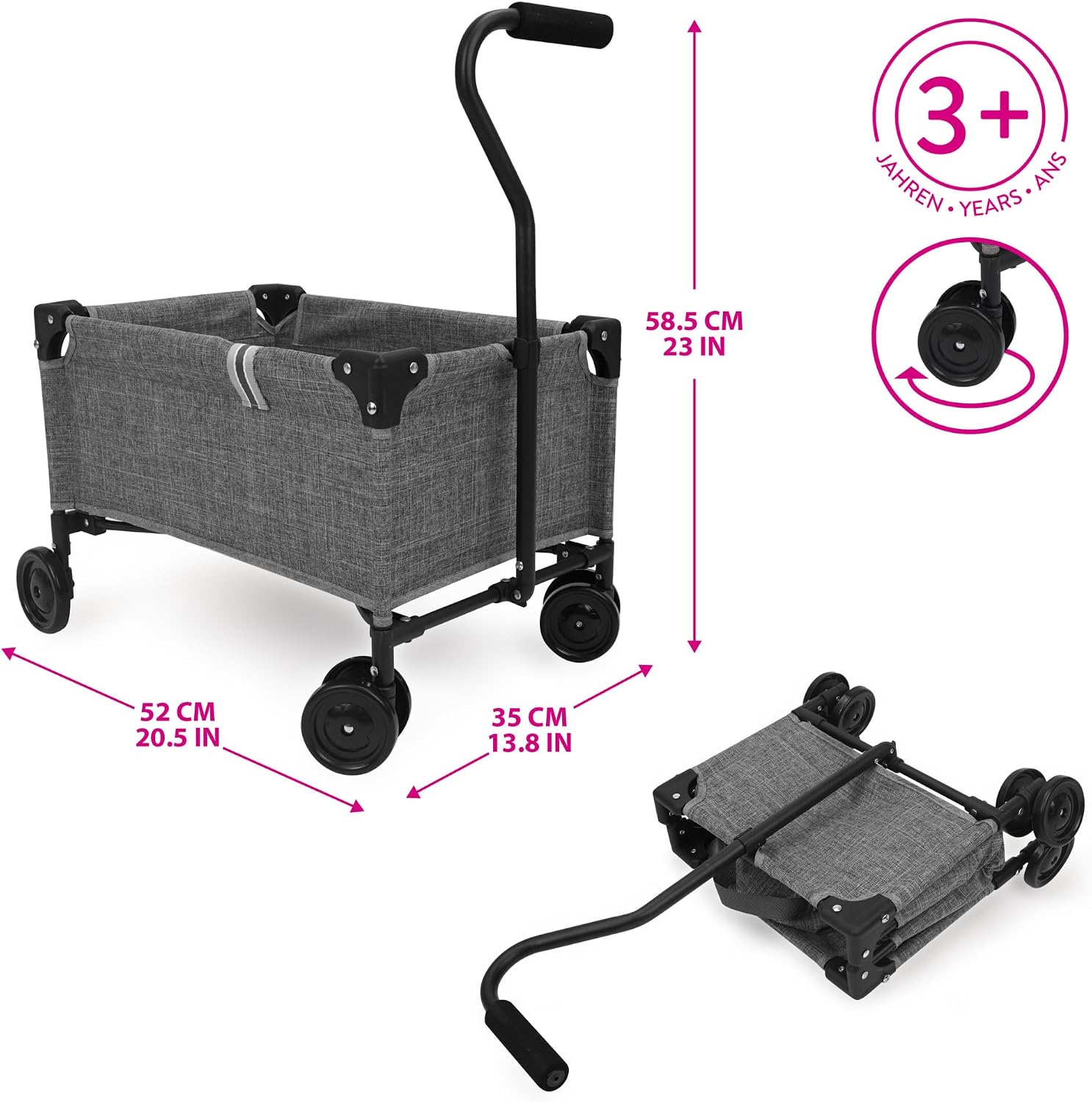 509 Crew: Little Wagon - Melange Grey - Folding Pull-Along Cart, Adjustable Handle, Canvas-Metal Frame, Transport Toys-Dolls-Stuffed Animals, Kid 3+ - Image 2