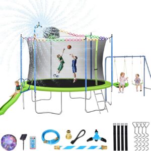 Lyromix 12FT Trampoline with Slide and Swings, ASTM Approved Large Recreational Tranpoline with Sprinkler, Basketball Hoop and Net, Capacity for 5-7 Kids Adults, Green