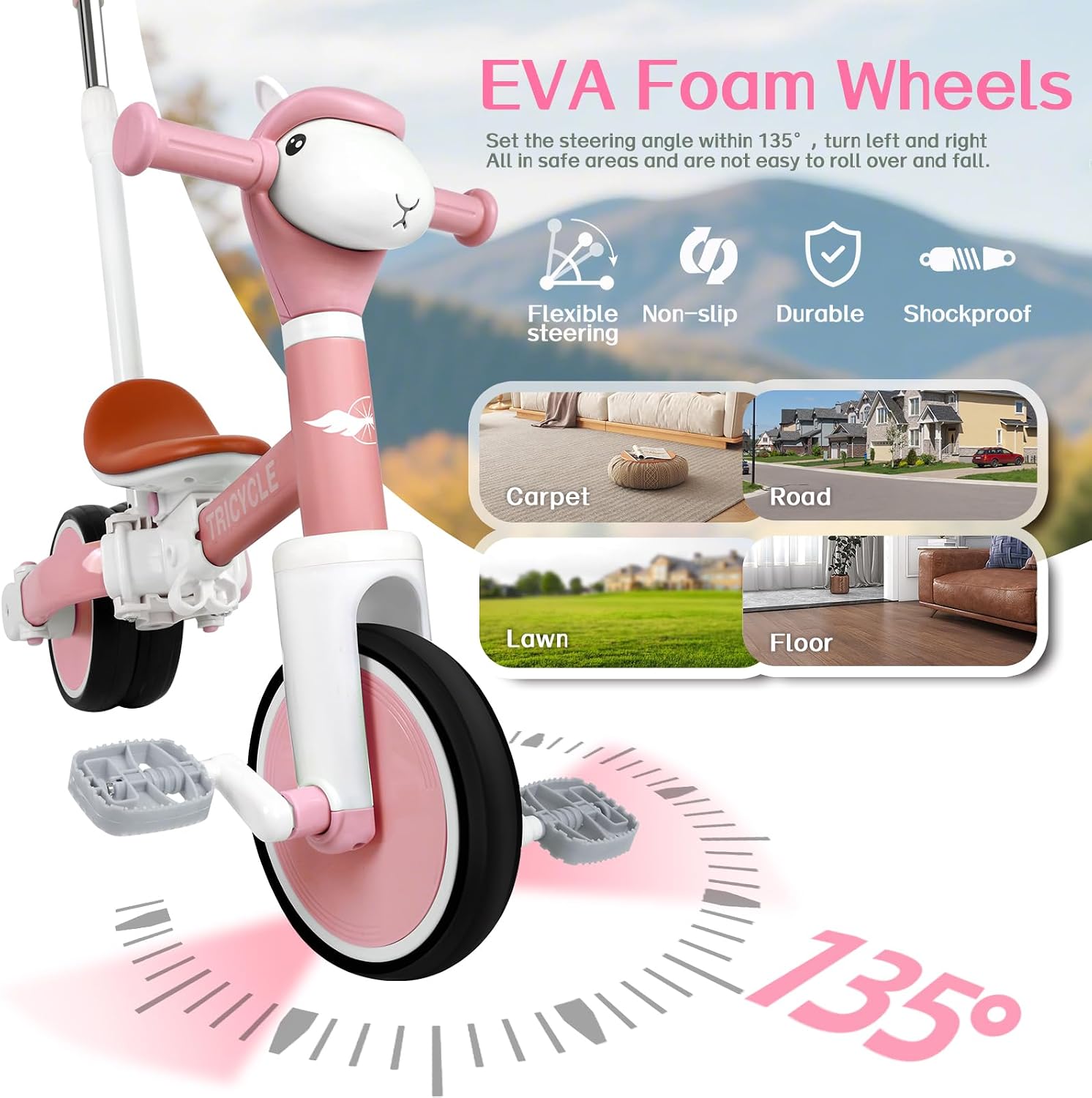 5-in-1 Toddler Tricycle with Lights & Music, Adjustable Push Kids Bike for 1-5 Year Olds, Toddler Balance Bike & Tricycle for Boys & Girls, Birthday Gift for 1 2 3 4 5 Year Old Kids (Pink) - Image 3