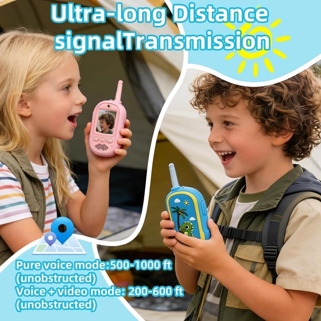 2PCS Video Walkie Talkies for Kids Camping Toys Spy Gear Outdoor Games for Family Hide and Seek Spy Role Play ABS Rechargeable Long-Range HD Camera Voice Changer Toy - Blue/Pink 136x56x26mm - Image 3