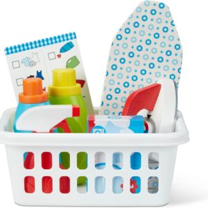 Melissa & Doug Laundry Basket Play Set with Wooden Iron, Ironing Board, and Accessories (14 Pcs) Pretend Play Laundry Set for Kids with Iron