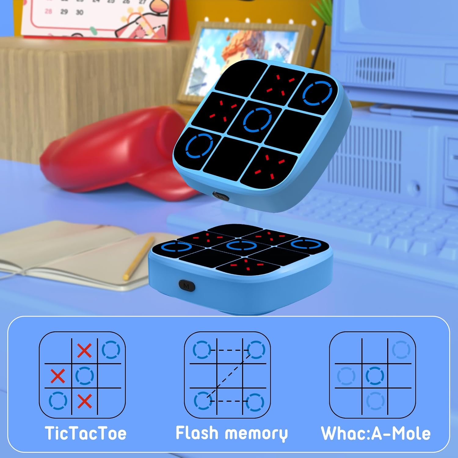 Tic-Tac-Toe Bolt Game, 4-in-1 Handheld Puzzle Games Console, Electronic Tic-Tac-Toe Game for Educational and Memory Growth, Portable Travel Games for Car Ride, Board Games for Kids and Adults (Blue) - Image 3