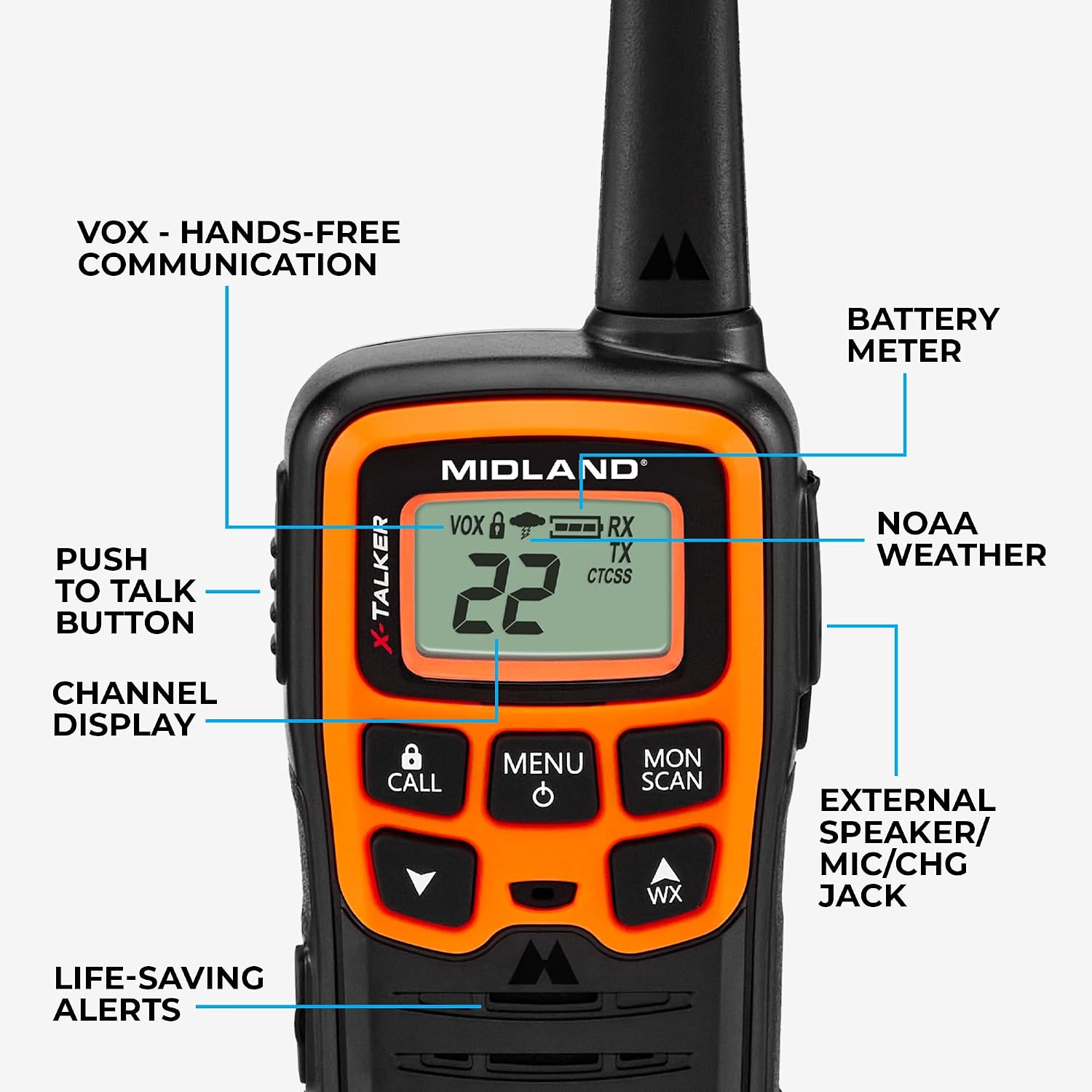 Midland- T51VP3 X-TALKER Spotting and Recovery Walkie-Talkie Long Range - FRS Two Way Radio for kids Caravanning with NOAA Weather Scan + Alert, 38 Privacy Codes - Black/Orange - 2 Pack - Image 6