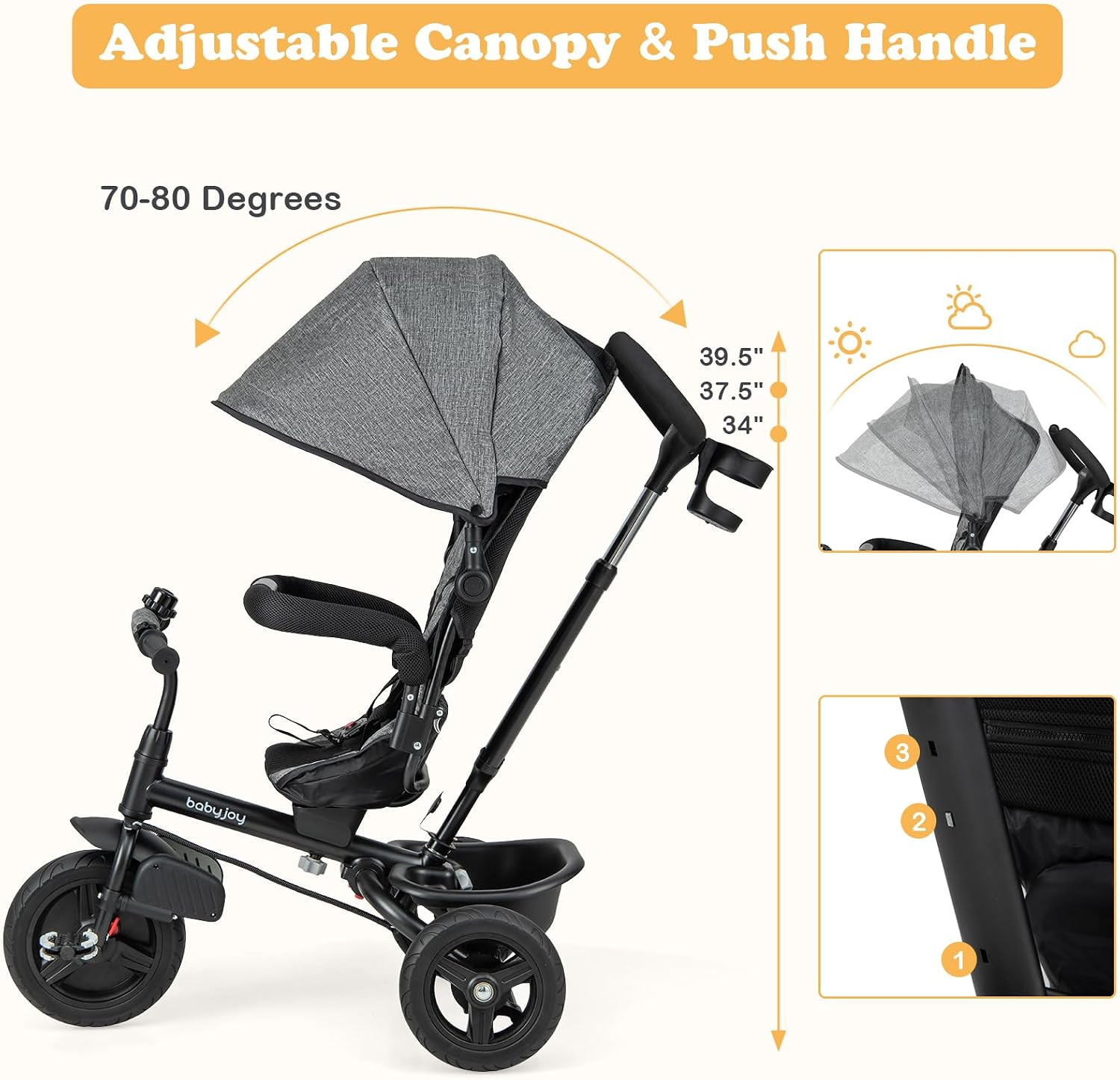 BABY JOY Tricycle, 6 in 1 Trike for Toddler w/Reversible Seat, Adjustable Canopy & Parent Handle, 5-Point Safety Belt, PU Wheels and Storage Basket, Push Tricycle for 9-60 Months (Gray) - Image 3