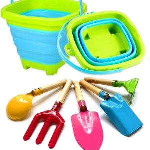 Kids Gardening Tools Collapsible Bucket and Shovels Set, Foldable Sand Bucket and 5pcs Metal Shovels Beach Toys for Kids Digging, Party, Camping Gear and Fun Summer Activities