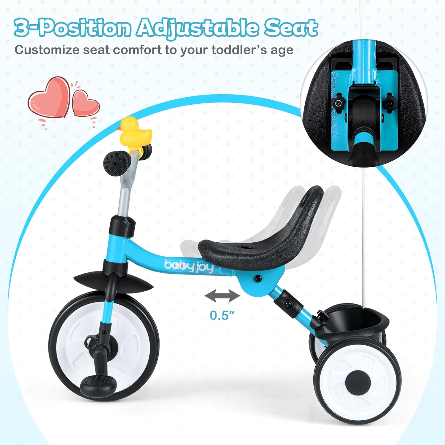 BABY JOY Toddler Bike, Folding Kids Tricycle w/Glowing Wheels, Flag, 3-Position Seat, Storage Basket & Squeaky Duck, Baby Trike Balance Bike for 1-3 Years Old Boys Girls Outdoor Play (Blue) - Image 5