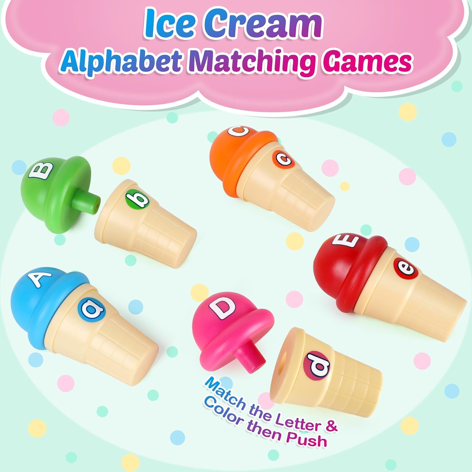 Torlam Alphabet Learning Ice Cream Toy Play Set, Toddler to Little Kid, Letter Matching Toy, 26 Letters Games, 52 Pieces - Image 2