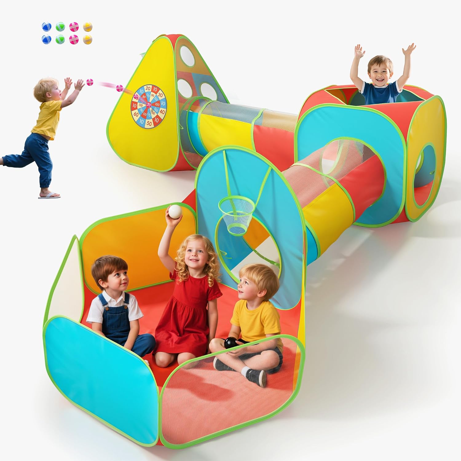 5Pcs Kids Play Tent and Play Tunnel,Ball Pit for Toddler Baby,Foldable Pop Up Tents with Carry Bag,Indoor Outdoor Playhouse with Crawling Toys,Boys and Girls Best Birthday Gifts