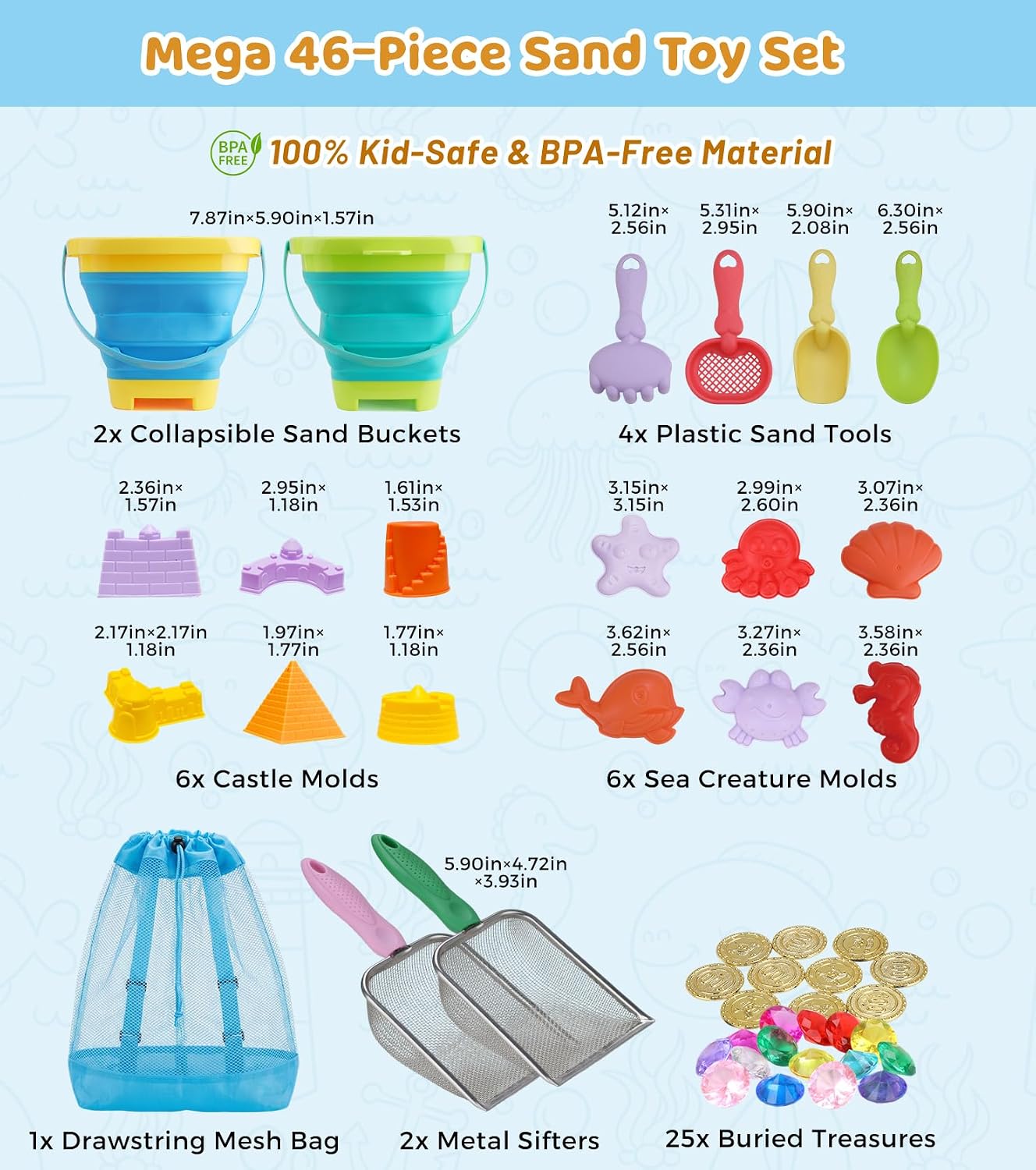 Eicaus 46 PCS Beach Sand Toys for Kids Toddlers, Collapsible Sand Buckets & Mesh Bag Set with Heavy Duty Metal Sifters, Treasure Hunt Gems, Castle Molds, Travel Sandbox Toys for Boys Girls - Image 7