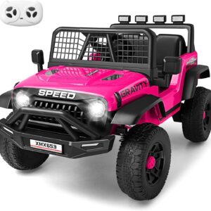Hikole 12V Ride on Toys with Remote Control, Power Wheels Truck with Remote Control, 3 Speed, Bluetooth, Music, Soft Start, LED Lights, Electric Cars for Kids Boys Girls 3-5, Pink