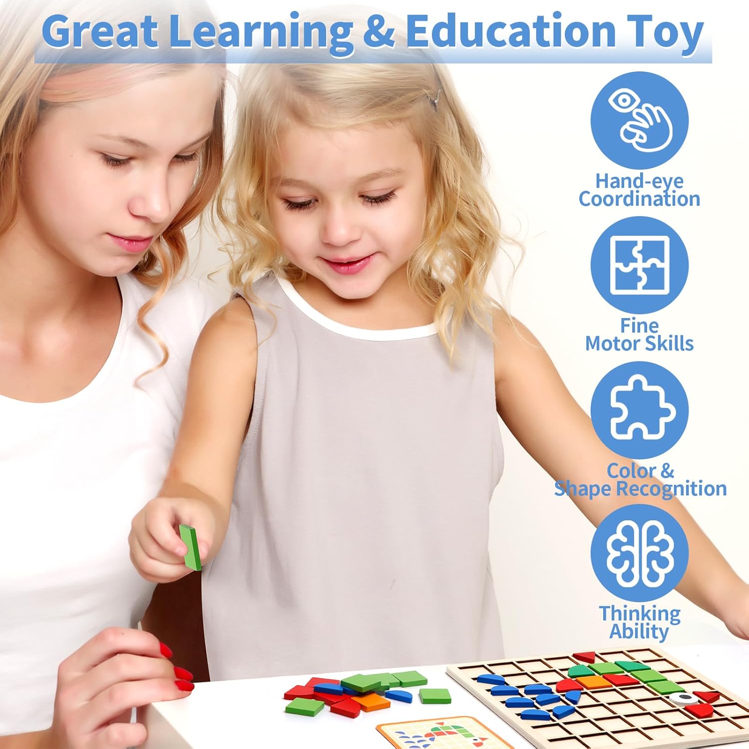 Montessori Tangram Educational, Geometric Shapes Puzzle Toys with 120Pcs Wooden Puzzle Blocks and 20Pcs Cards, Colorful Pattern Montessori Children's Educational Gifts for Kids Ages 3 and Up - Image 6