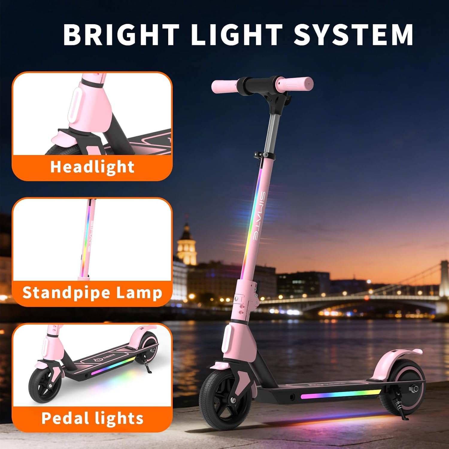 SIMATE Electric Scooter for Kids Ages 6-14, 3 Adjustable Heights 34"/37"/39", LED Display & Colorful Lights, Foldable Kids Electric Scooter, 8.7 MPH Safe Speed, Gifts for Boys Girls - Image 4