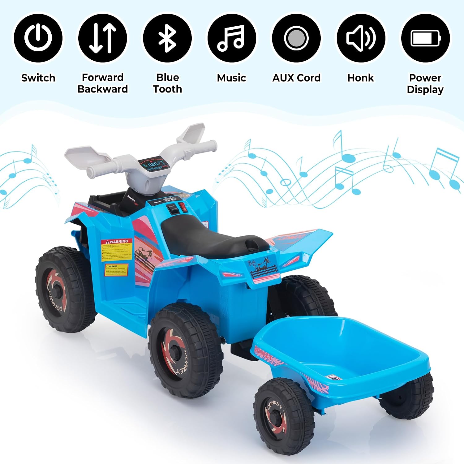 TOBBI 6V Electric Kids Ride On Toy Car with Trailer, Toddler 4 Wheeler Powered Vehicle, ATV to Drive with Music/Battery Volume Display for Children Age 2-6-Blue - Image 7