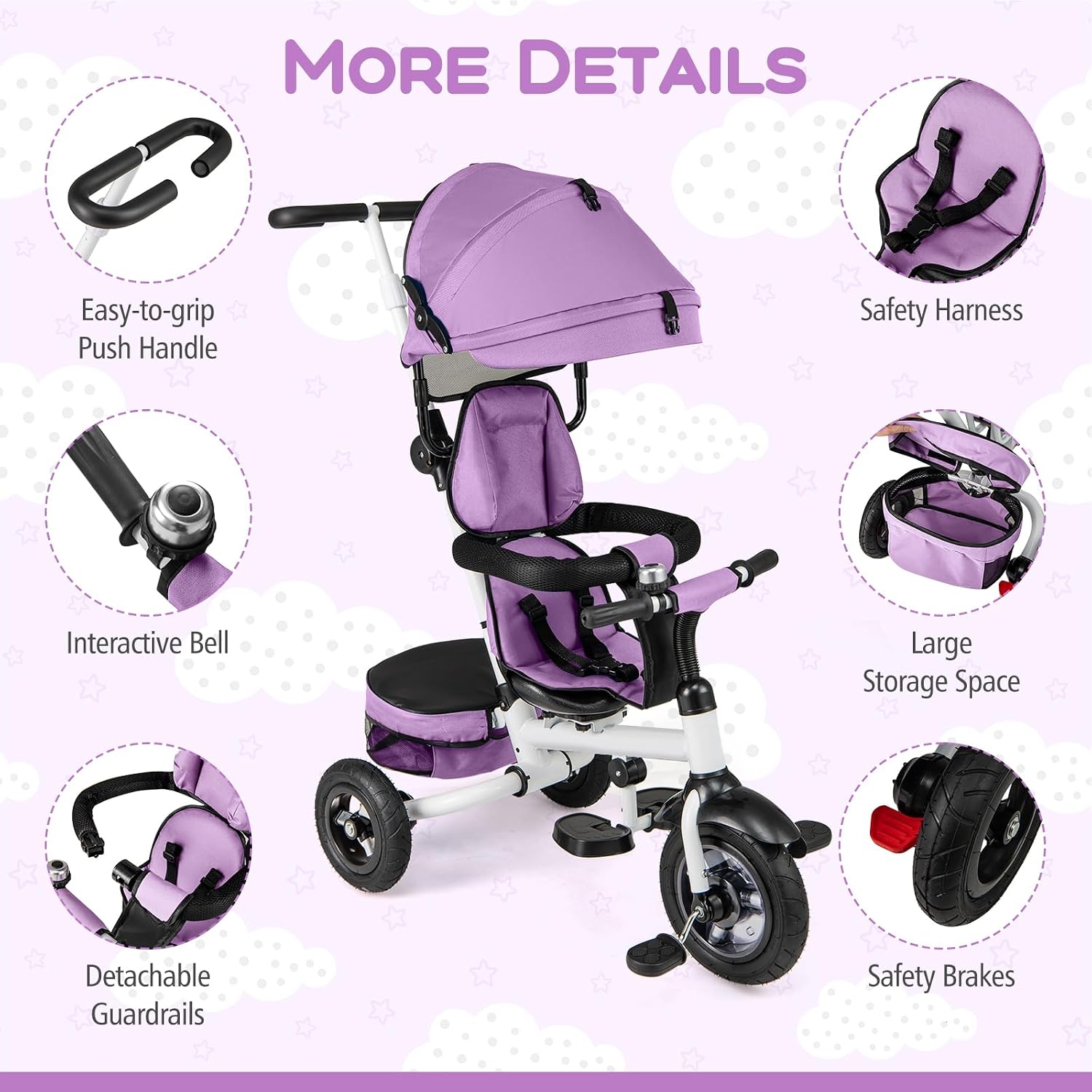 Costzon Tricycle, 5 in 1 Toddler Bike w/Foldable Push Handle, Rotatable Seat, EVA Wheel, Adjustable Canopy, Storage Basket & Bell, Trike for Kids 1-5 Years Old (Pink) - Image 8