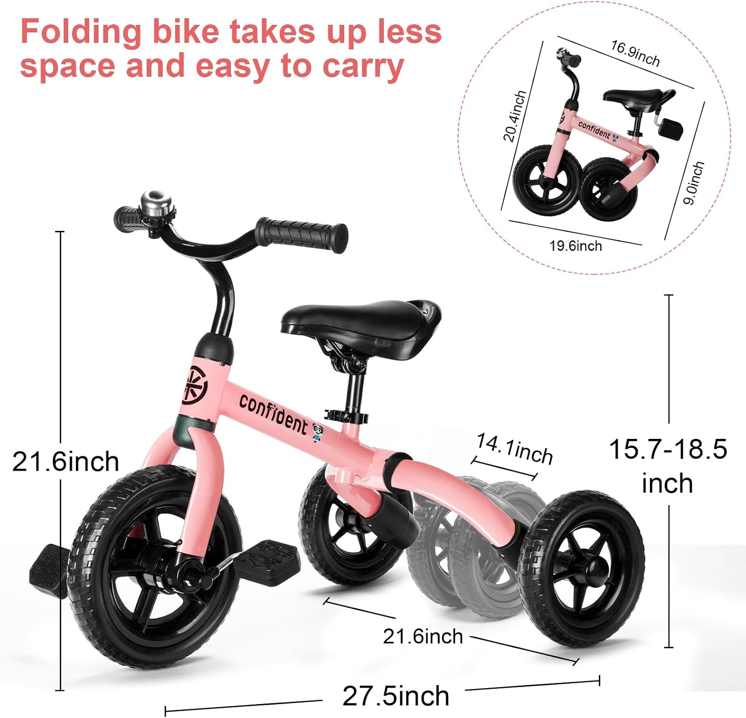 XPIY Tricycle for Toddlers Age 2 to 4 Years Old, 3 in 1 Folding Toddler Bike for Boys and Girls, Kids' Bike Trike with Detachable Pedal and Adjustable Seat Light Pink - Image 4