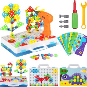 224 PCS STEM Building Toys for Kids Ages 4-8, Creative Mosaic Drill Set with Electric Drill & Screwdriver, 2D/3D Building Blocks Kit, Educational Birthday Gift for 5 6 7 8 9 10 Year Old Boys Girls