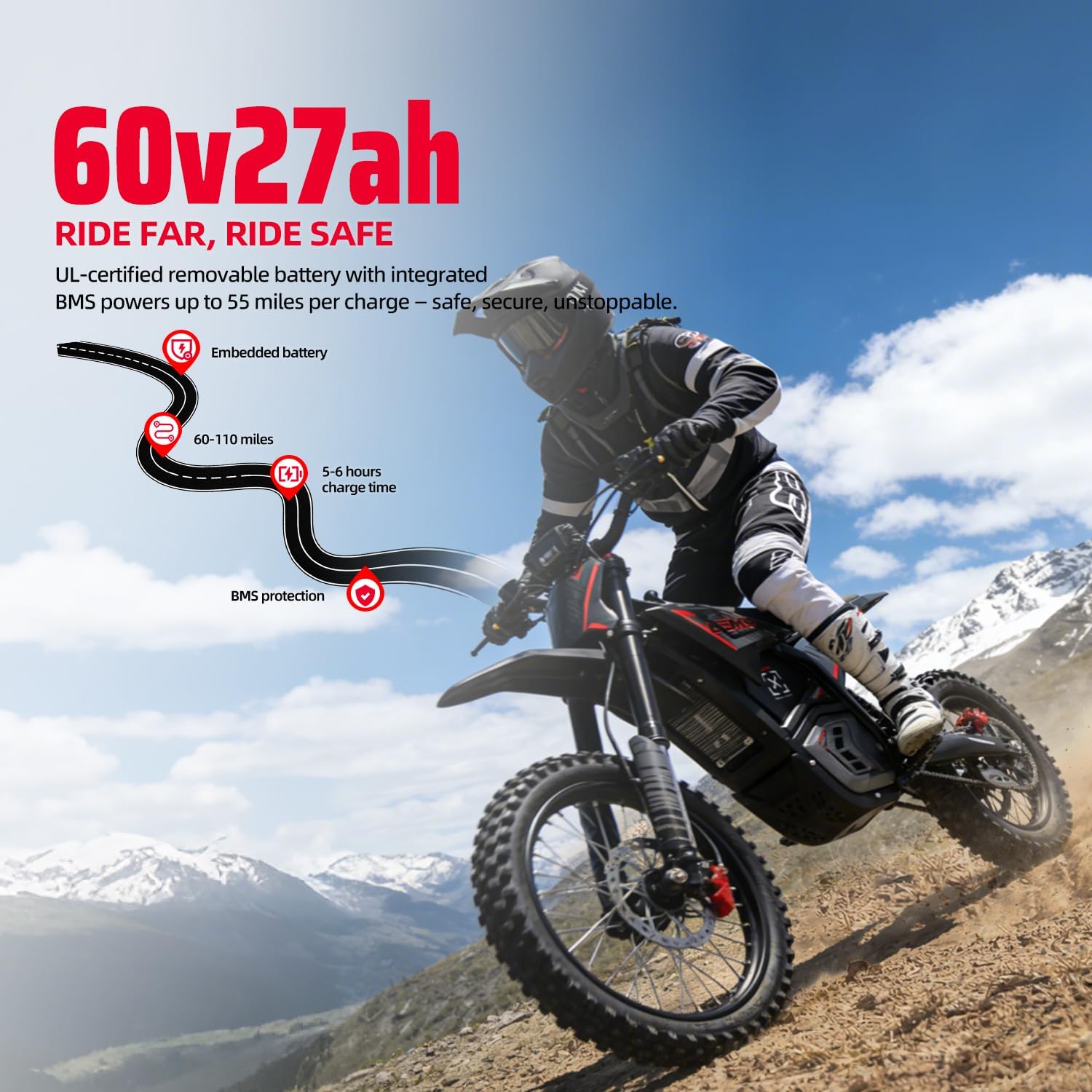 VALTINSU EM5 Pro 60V Electric Dirt Bike w/Light & Display, Off-Road Motorcycle 5600W 3 Speed Modes (Max 52MPH) Range 60 MI,17"/14" Tires,Dual Suspension & Hydraulic Brakes Fit Age 15+ Black - Image 4