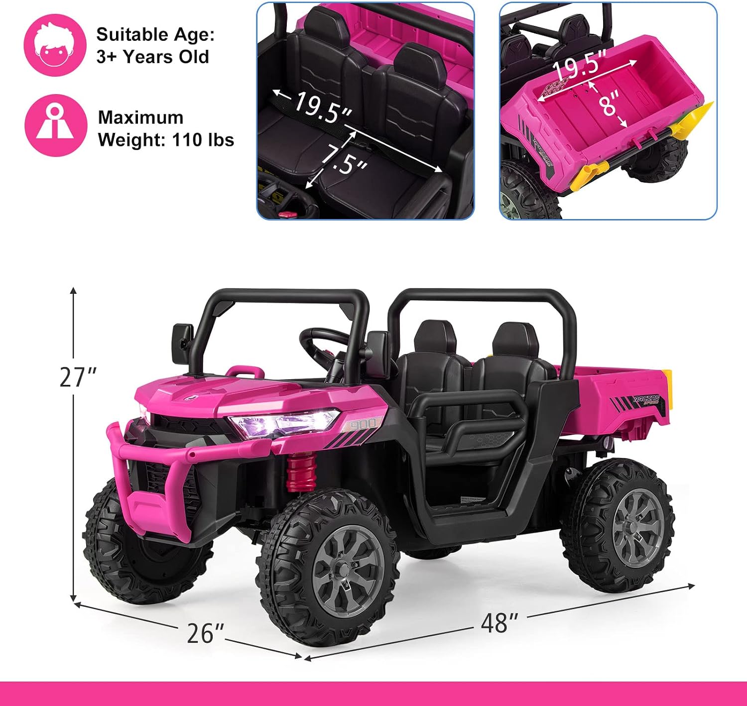 OLAKIDS 2 Seater Ride On Car, 12V Off-Road UTV Electric Vehicle with Remote Control, Dump Bed, Extra Shovel, Music, USB, AUX, Rocking Function, Kids Toddlers Battery Powered Truck (Rose) - Image 7