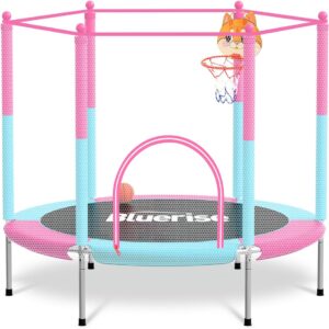 BLUERISE 55IN 6FT Toddler Trampoline for Kids Indoor Outdoor Play for Kids Trampoline Basketball Hoop Attachment with Enclosure Net Easy to Assemble