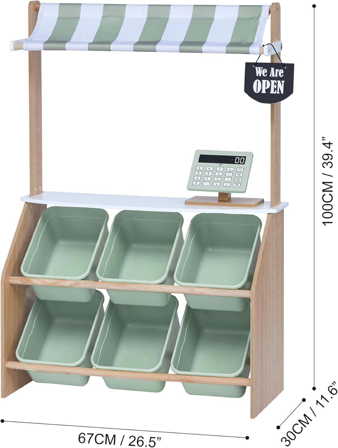 Teamson Kids Little Helper Wooden Farmer's Market Stand with Pretend Cash Register and 6 Plastic Storage Bins, Green, TD-13638A-AMZ | Pretend Grocery Store Playset, Cash Register Toy, 6 Storage Bins, Awning, Ages 3+ - Image 10
