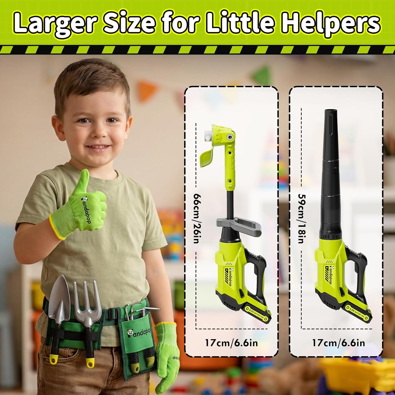 Pandapop Kids Gardening Tools Set, 2 In 1 Kids Leaf Blower & Toy Weed Wacker with Sounds & Lights, Kid Tool Set with Belt & Gloves, Outdoor Play Toy Tools, Christmas Birthday Gifts for Boys 3 4 5 6 7+ - Image 7