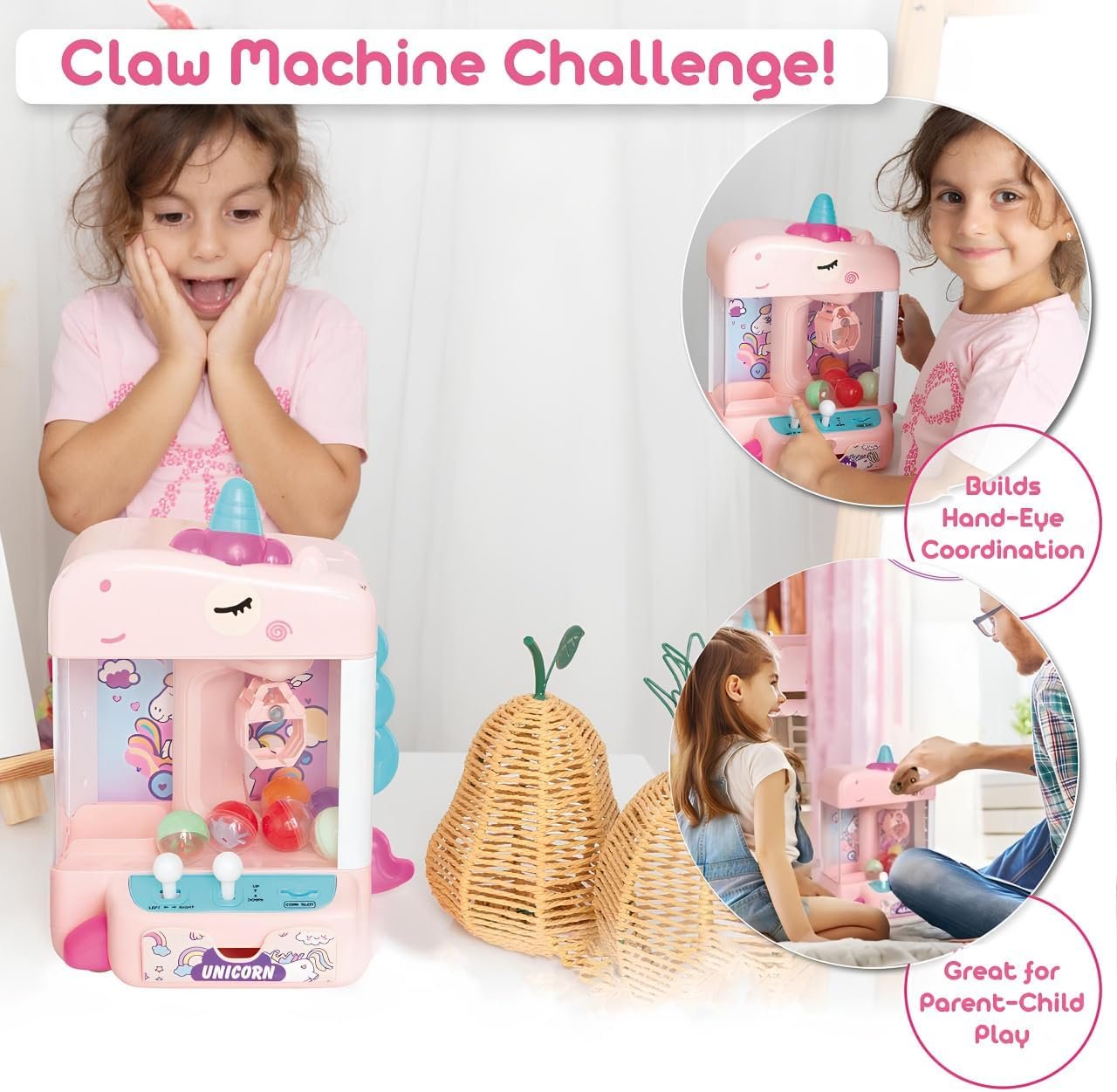 Claw Machine for Kids - Mini Arcade Game - Vending Machine - Candy Grabber Toys - Silent Mode, Lights, USB - Plush Toys & Easter Eggs, Surprise Stickers - Fun Gift for Kids, Boys & Girls (Unicorn) - Image 6