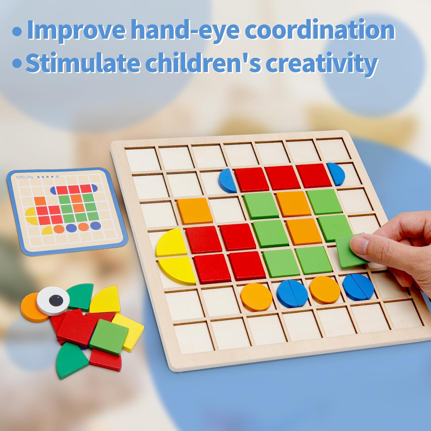 Montessori Tangram Educational, Geometric Shapes Puzzle Toys with 120Pcs Wooden Puzzle Blocks and 20Pcs Cards, Colorful Pattern Montessori Children's Educational Gifts for Kids Ages 3 and Up - Image 3