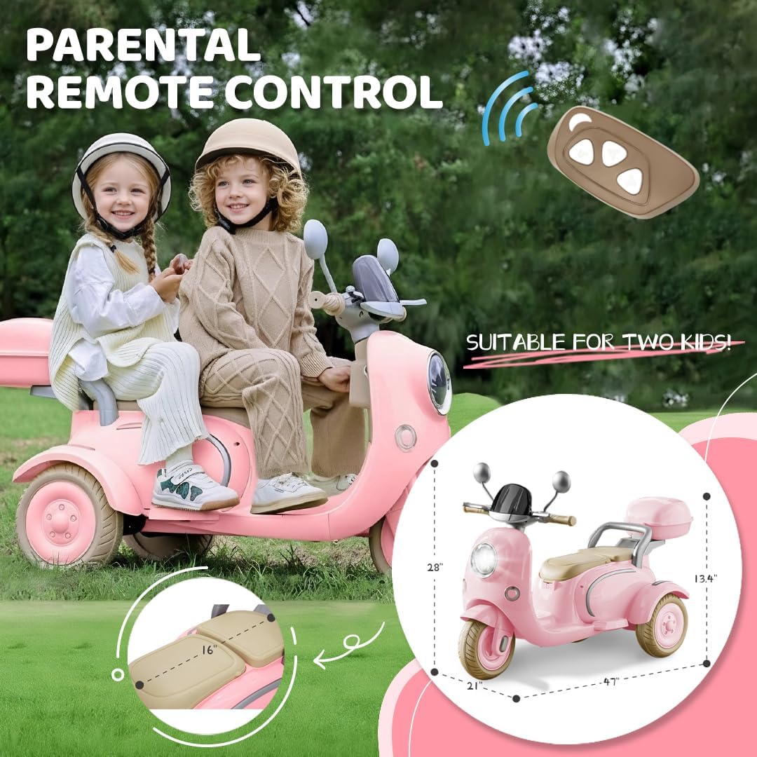 TCARAIWEN 2-Seater Electric Motorcycle for Girls, 3 Wheel 12V Electric Motorcycle, Ride On Toys for Kids 3-5 Years, Mini Moped with Multifunctional Music Player, Pink - Image 4