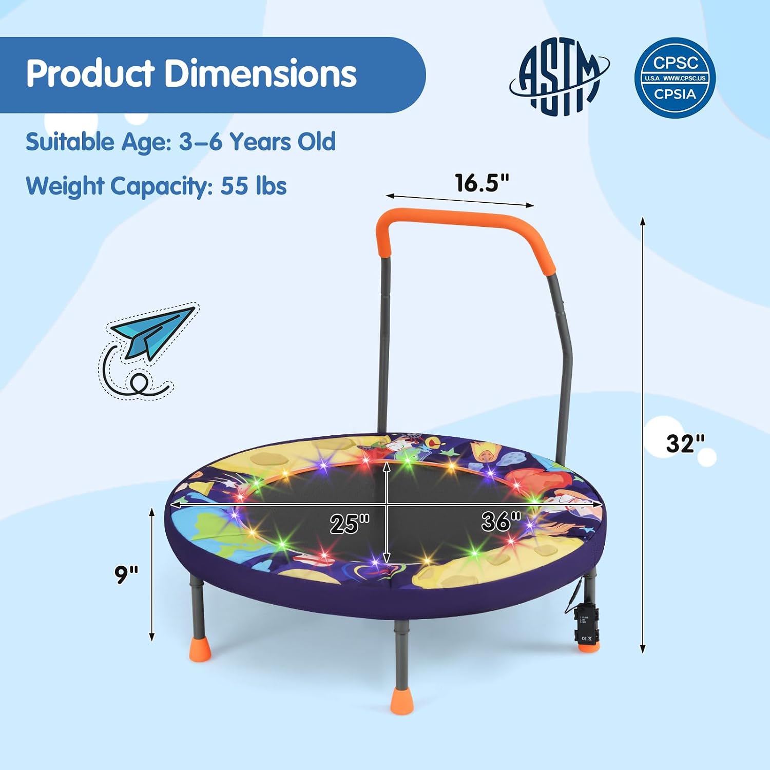 Goplus Foldable Toddler Trampoline for Kids, 36'' Recreational Mini Trampoline w/20 LED Lights, Foam Handle, Padded Safety Cover, Indoor Outdoor Exercise Rebounder for Boys Girls Aged 3-6 - Image 6
