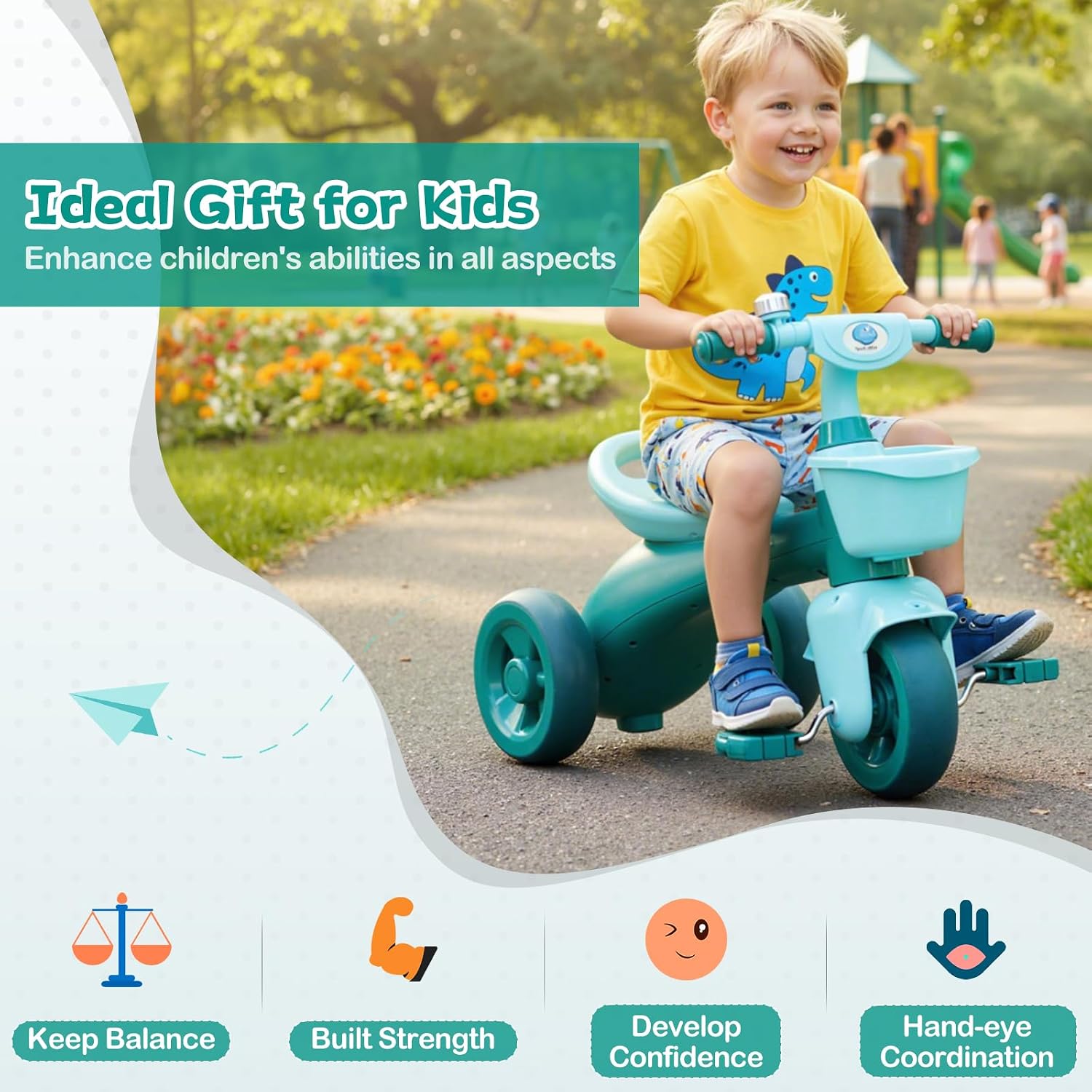BABY JOY Toddler Bike, Kids Tricycle with Front & Rear Storage Basket, Ergonomic Seat, Non-Slip Handle and Fun Bell, Children Trike for Boys Girls Indoor Outdoor Play (Green) - Image 7