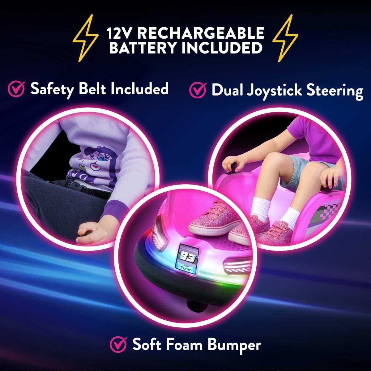 Flybar 12V Glow Bumper Car Ride On Toy - Indoor/Outdoor Toys, Toddler Toys, Bumper Cars, Kids Electric Car, w/ 360° Spins, Multi-Color LED Lights, Max Weight of 100lbs, Age 4-9yrs, Pink - Image 5