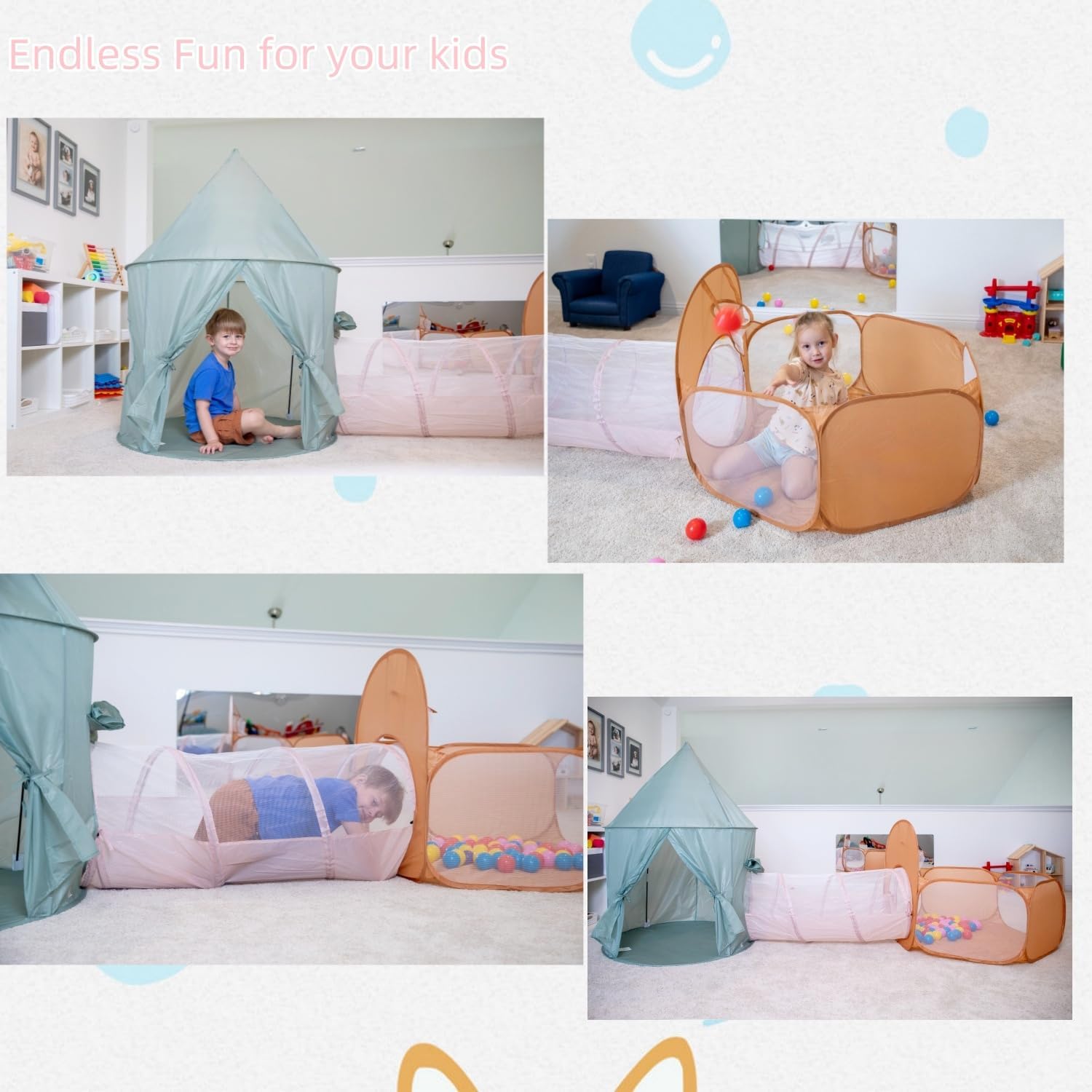 UTEX Kids Play Tent with Tunnel, 3 in 1 Pop Up Play Tent with Ball Pit, Play Crawl Tunnel for Toddler, Boys, Girls, Indoor& Outdoor Play House - Image 3