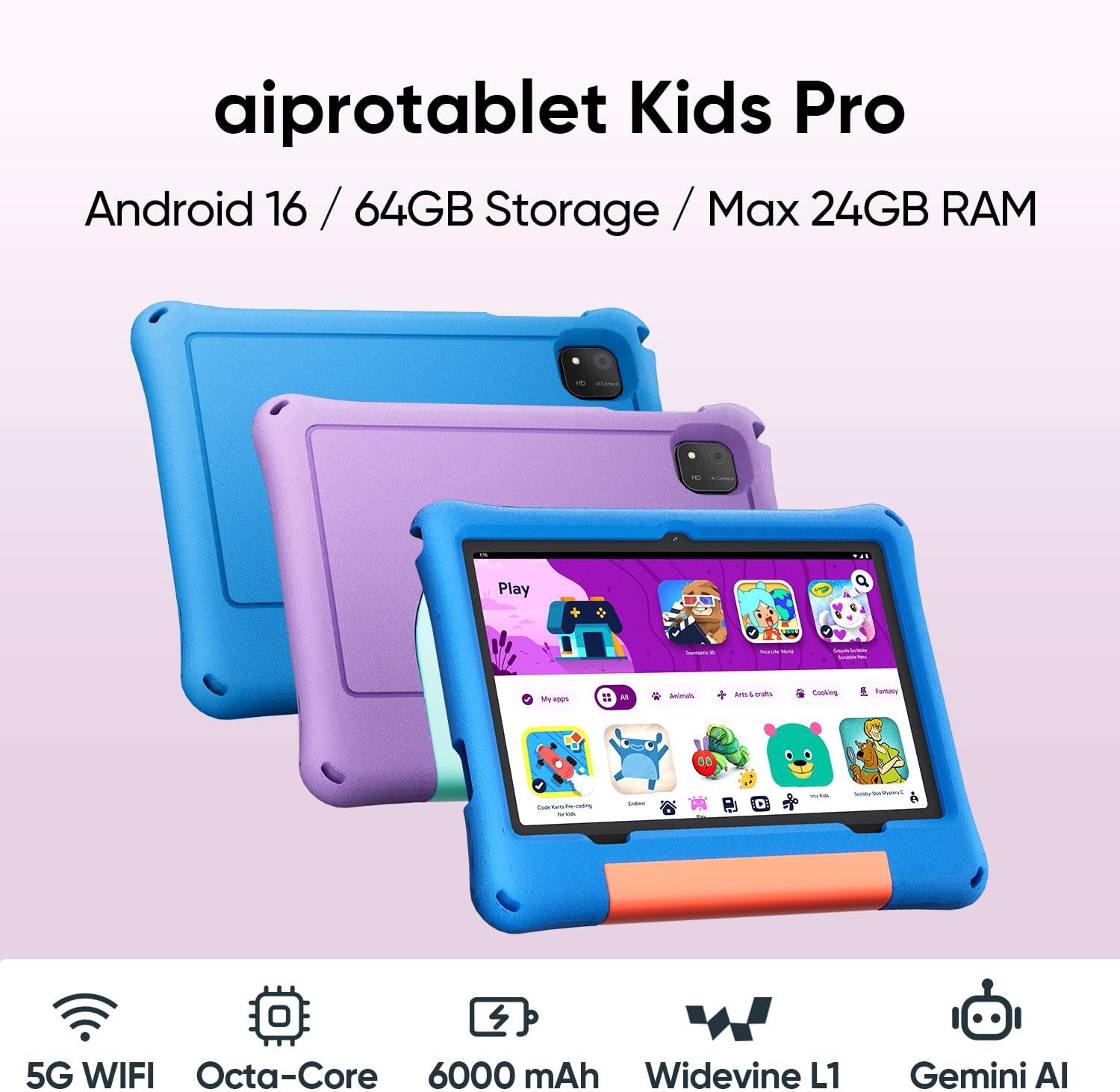 Kids Tablet, Android 16 Tablet for Kids 10 inch Octa-Core with Case, 24GB RAM 64GB ROM 2TB TF Card Expandable for Toddler Children, Parental Control, Dual Camera, BT5.0, WiFi, Gift (Purple) - Image 2