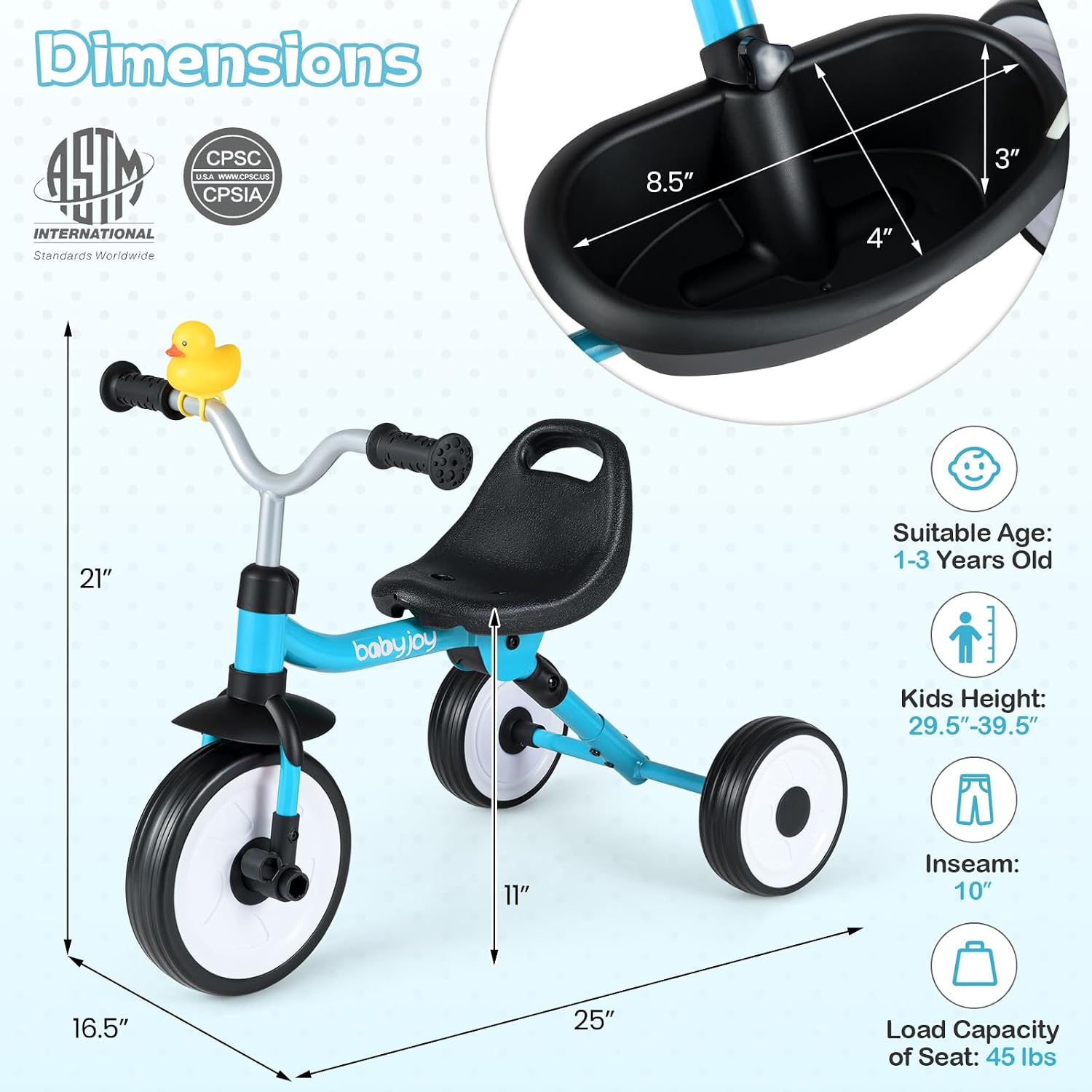BABY JOY Toddler Bike, Folding Kids Tricycle w/Glowing Wheels, Flag, 3-Position Seat, Storage Basket & Squeaky Duck, Baby Trike Balance Bike for 1-3 Years Old Boys Girls Outdoor Play (Blue) - Image 9