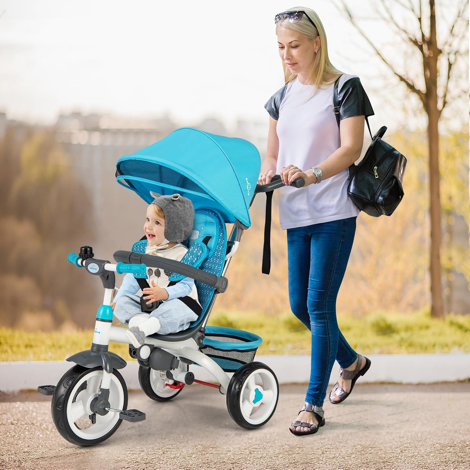 Costzon Tricycle for Toddlers, 6 in 1 Trike w/Parent Handle, Adjustable Canopy, Storage, Safety Harness & Wheel Brakes, Baby Push Tricycle Stroller for Kids Boys Girls Aged 9 Month-5 Years Old, Blue - Image 9