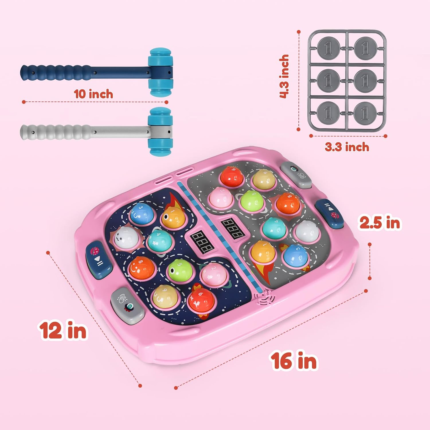 2-Player Whack Game Mole - Toys for Age 3-12 Kids,2 Hammers,3 Modes with Sound & Light,Safe Educational Pounding Toy,Birthday for 3 4 5 6+ Year Old Boys Girls,Pink - Image 7