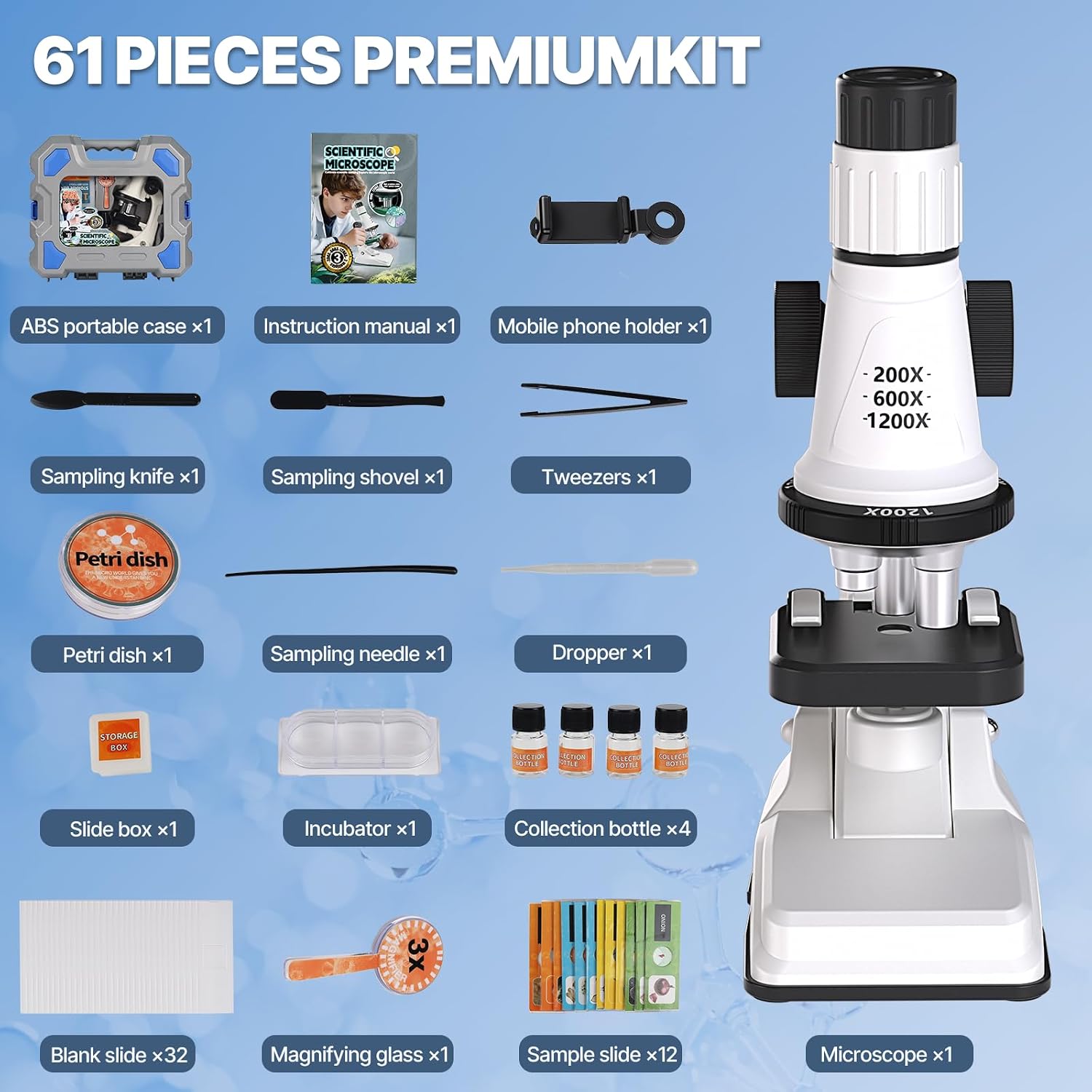 61 Piece Kids Microscope Kit - 100X-1200X with LED Light, Science Kit with Blank and Prepared Slides, Phone Holder, Carrying Box, STEM Project Toy, Educational Gift for Children Ages 6-12 - Image 6