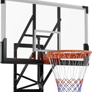 54″ Wall Mounted Basketball Hoop, 8-10 FT Adjustable Height Shatterproof PC Backboard Basketball Goal with 18 Inch Solid Rim for Indoor & Outdoor Use